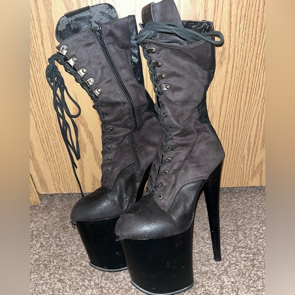 Well Worn Blaq Kicks Pole Dance Platform Boots 8in Mixed Material Lace Up Heels - Picture 1 of 13